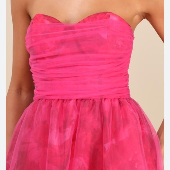 Lulus Hot Pink Strapless Midi Dress NWT | Ruched Tulle Party Dress - Picture 4 of 8